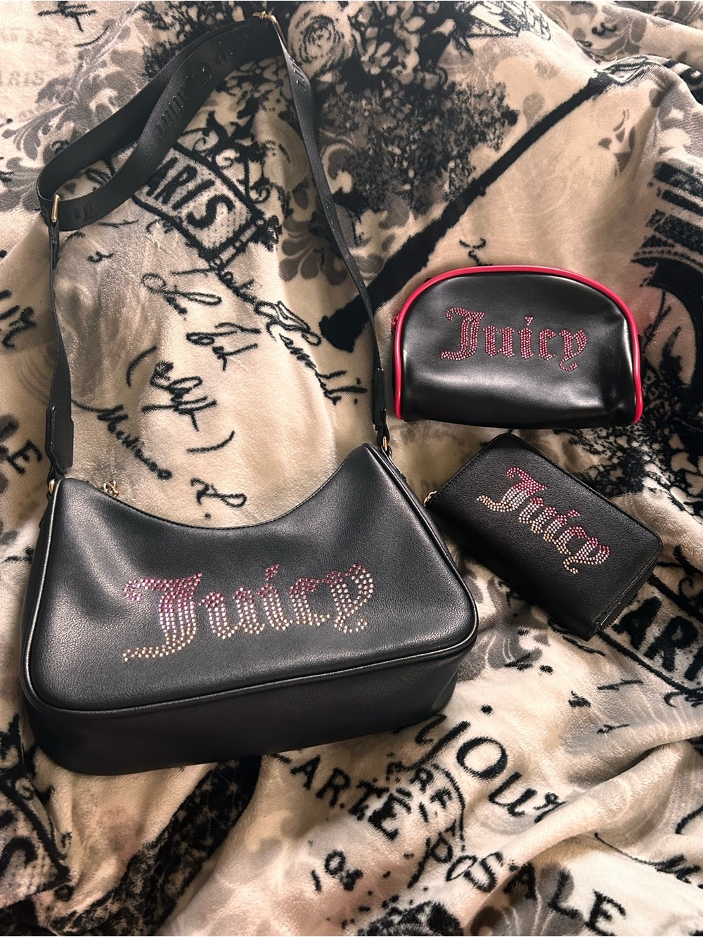 Juicy Couture Black Rhinestone Logo Shoulder Bag, Wallet, and Pouch Set